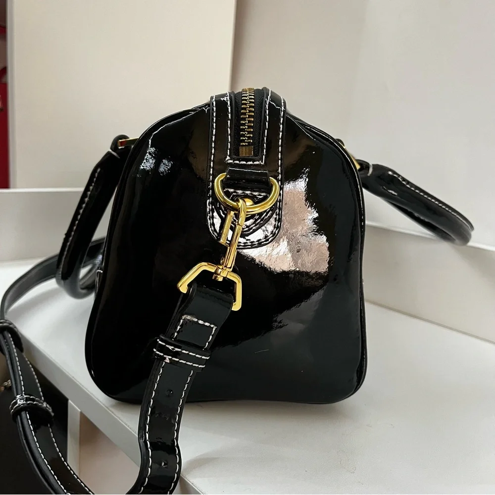 ISAAC MIZRAHI Black Patent Flower Boston Bag Satchel Tote